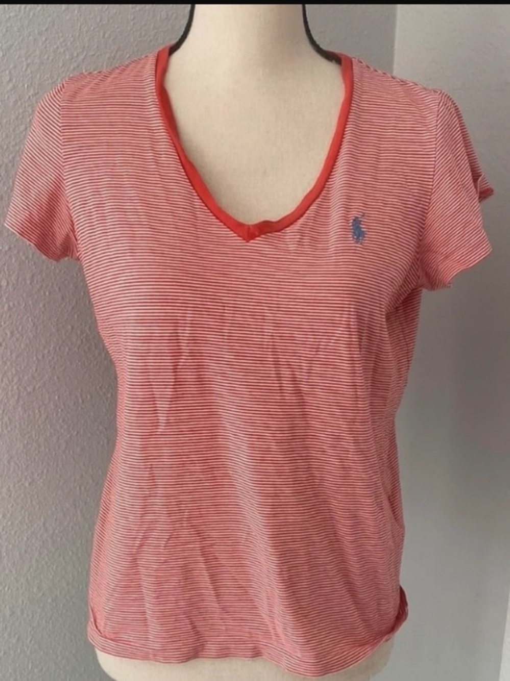 Polo by Ralph Lauren Coral and White Striped V-Neck Tee with Blue Pony